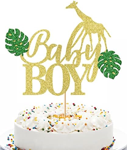 Qerleny Welcome baby boy cake topper tropical jungle baby boy shower cake topper-welcome baby boy cake decoration golden glitter, baby boy shower cake topper jungle