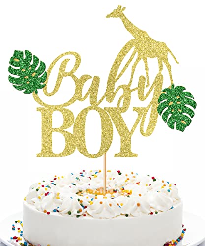 Qerleny Welcome Baby Boy Cake Topper Tropical Jungle Baby Boy Shower Cake Topper-Welcome Baby Boy Cake Decoration Golden Glitter, Baby Boy Shower Cake Topper Jungle #TOP2