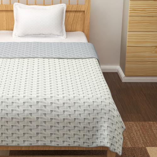 Image of Story@Home Dohar Single Bed Cotton 100% | 150GSM 144 X 220 cm Quilt AC Blanket for Summer | AC Comforter Single Bed | White & Grey, Abstract Reversible Design Duvet | All-Season Blanket