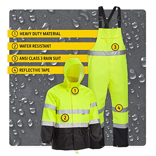 John Deere Unisex High Visability Ansi Class Iii Rain Suit Jacket And Bib With Color Block, High Visability, Water Resistant, And Reflective 3M Tape, Yellow, Black, Large (Jd44530/L) #TOP6
