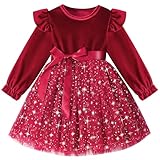 NARPLO Toddler Christmas Dress Ruffle Long Sleeve Toddler Baby Girls Knee Length Tulle Velvet Dresses for Party Holiday Red