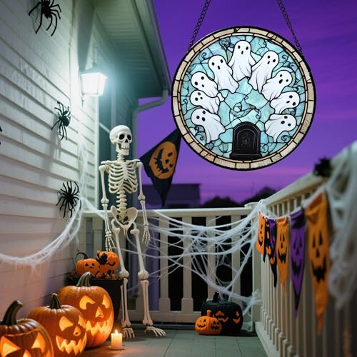 Image of Stained Glass Window Hanging - Halloween Decorations Ghosts Tombstones Suncatcher for Doors Garden Indoor Spooky Funny Sun Catchers Gothic Decor Horror Gifts for Women Men Friend 15 in