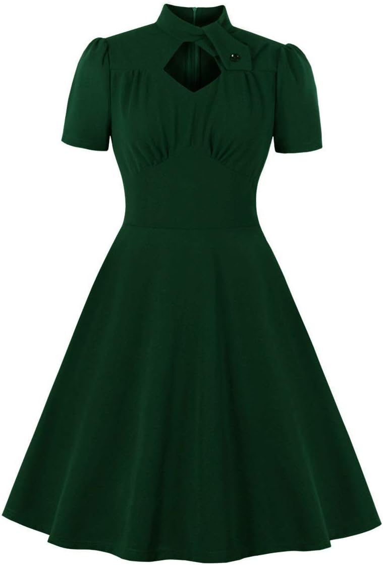 WellwitsWomen's Mock Neck Diamond Cutout Pleated Front 1940s Vintage Dress XL