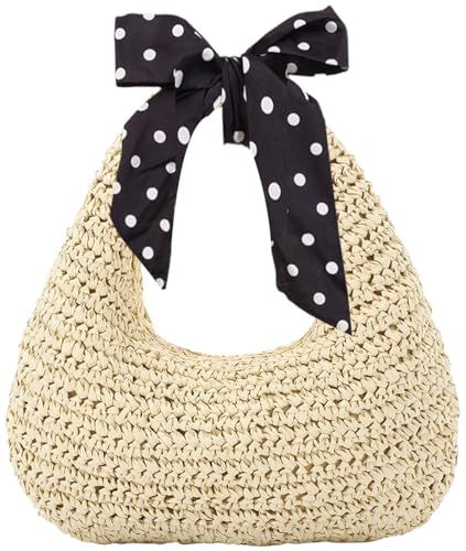 YouNuo Straw Bag for Women, Summer Beach Tote Purse with Zipper, Raffia Woven Bag, Tote Handbag with Ribbon for Travel, Small