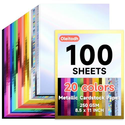 100 Sheets Metallic Mixed Cardstock Paper Bulk 20 Colors Foil Board Paper 8.5 x 11 Mirror Finish Surface Assorted Mixed Glitter Paper 250gsm for Crafting Card Making Invitations Decorations