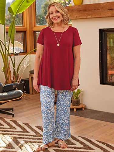 LARACE Plus Size Tops for Women Short Sleeve Shirts Casual Summer Clothes Round Neck Tunics for Leggings(5X, Wine Red)