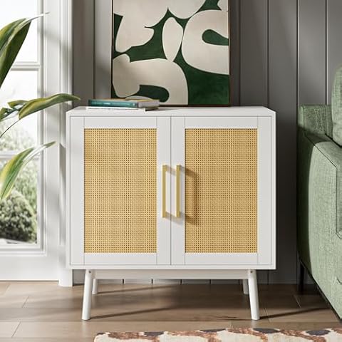 LYNSOM Sideboard Buffet Cabinet with Storage, Kitchen Buffet Cabinet with Rattan Doors and Adjustable Shelf, Small Storage Cabinet with Solid Wood Feetfor Hallway, Entry, Living Room, White Cover