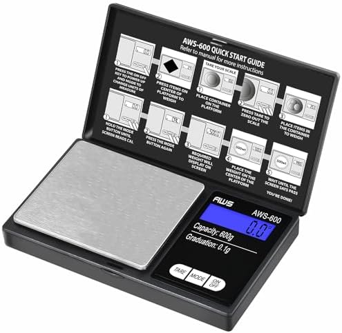 AMERICAN WEIGH SCALES AWS-600 Digital Pocket Weight Scale,Digital Gram Scale,Jewelry Scale,Food Scale,Medicine Scale,Kitchen Scale,Small Pocket Scales, Backlit LCD- 600 G x 0.1 G - (Black)