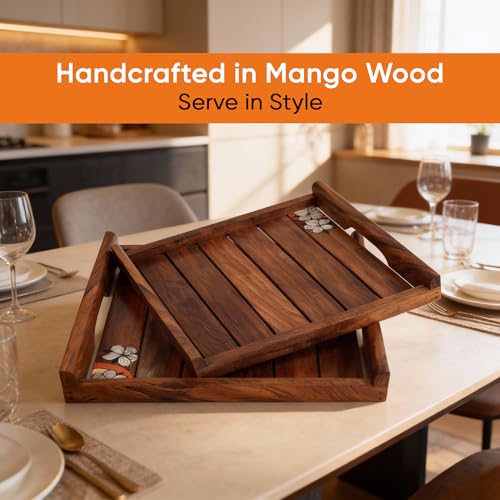 Image of AAKRITI ART CREATIONS Classic Rosewood Serving Tray Set of 2 | Handcrafted Floral Art | Brown Wooden Trays & Platters with Handle | Matte Finish Home | Trays for Dining Table & Kitchen Organizer