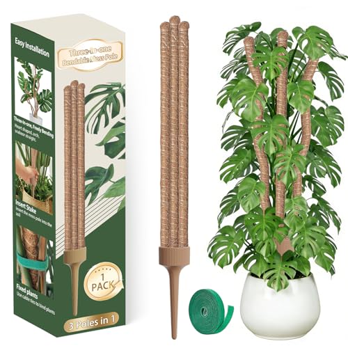 3 Moss Poles in 1 Bendable Monstera Plant Support 30IN Tall Plant Stakes for Indoor Plants Coir Pole Plant Support for Climbing Plants Pothos Philodendron-1 Pack