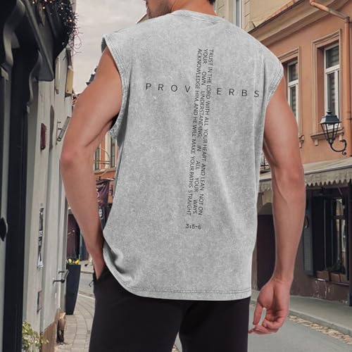 Image of Christian Gym Workout Tank Tops for Men Vintage Bible Verse Cross Graphic Sleeveless Muscle Shirts Acid Wash Tanks Top