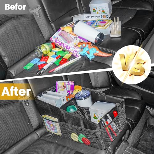 Zouway Auto Organizer Kinder, Autositz Organizer Rücksitz & Beifahrersitz, Zusammenklappbar Aufbewahrungsbox mit Griffen und Mehreren Netztaschen für Spielzeug Bücher Snacks Wasserbecher