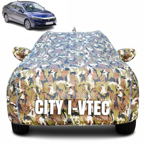 Image of 100% Waterproof Car Body Cover for Honda City i-VTEC (2014-2020) with Mirror Pocket (Heat & UV Resistant, Triple Stitched, Soft Lining, Bottom Elastic & Piping) Camouflage, Military Print