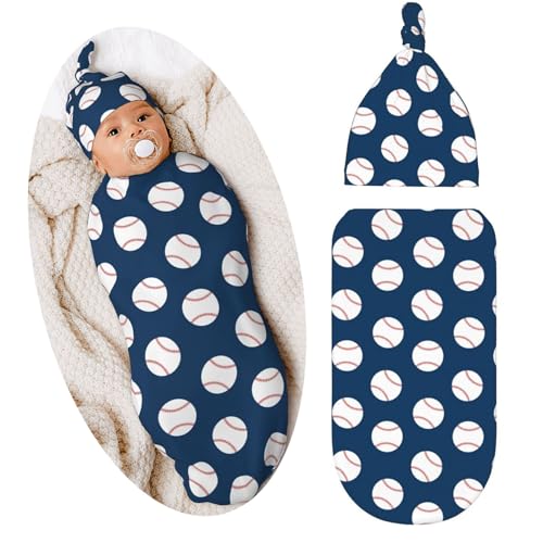 Image of Baseball Newborn Swaddle Blanket Baby Stuff Baby Swaddling Blanket with Beanie Set Soft Sleeping Sack for Unisex Girls Boys