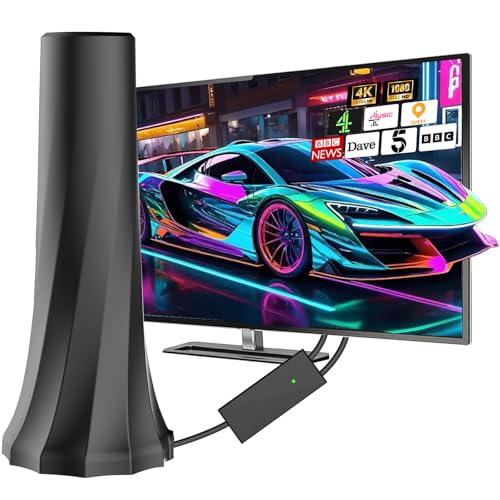 Indoor TV Aerial, Smart TV ariels indoor with 560+ Miles Range Smart aerials with Amplifier Signal Booster, Supports 4K 1080P HD Local Channels with 18ft Aerial Cable（Black）