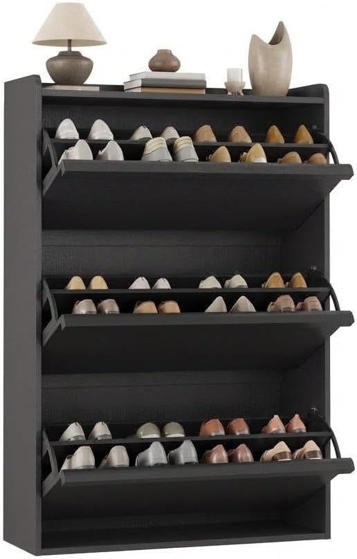 Garvee Modern Wooden Shoe Cabinet, 2/3 Flip Drawers, Adjustable Shelves, Narrow Entryway Storage Rack, Freestanding Hidden Organizer, Black