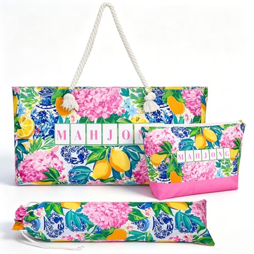 FYSUIMU 3 Pcs Empty Mahjong Bag Set Tropical Floral Fruit Flower Mahjong Carrying Bag with Handle Tile Bags and Drawstring Bags for Spring Summer Travel Party Game Accessories