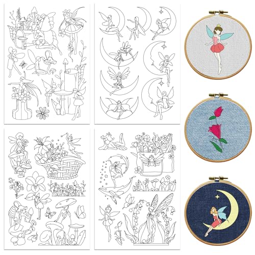 peacoblue Water Soluble Embroidery Patterns for Beginners 4 Sheets Flower Fairy with 33pcs Patterns