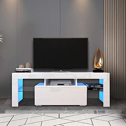 HOTYARD White TV Stand for 60 Inch TV, Modern Entertainment Center with 16 Color LED Light, Single Storage Drawer, Glass Shelves, TV Cabinet for Living Room Cover