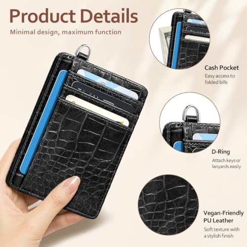 Image of Coco Rossi Crocodile Wallet Women Slim Credit Card Holder with Keychain | Luxury Wallets, Alligator Print, RFID Blocking, ID Case, Small Minimalist, Womens Girls Gift, Black Croc