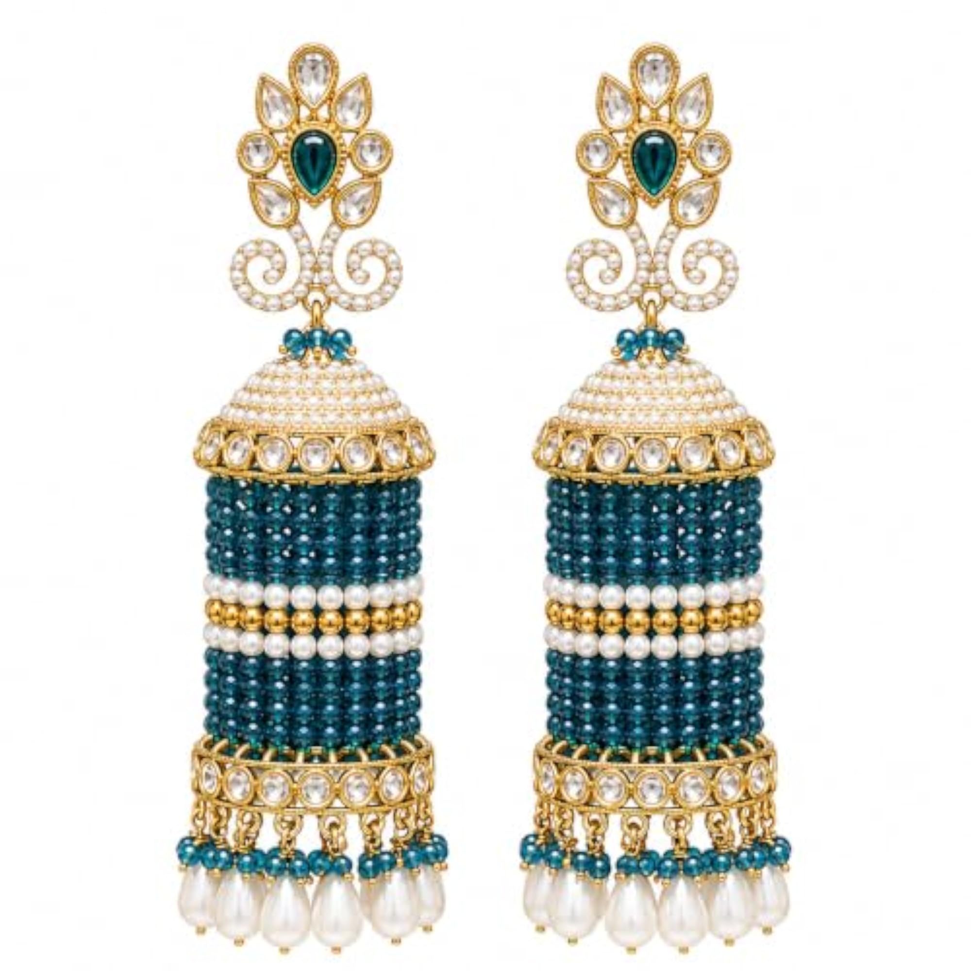 Women's Peacock Blue Beaded Cylinder Jhumka Earrings, Bold Style