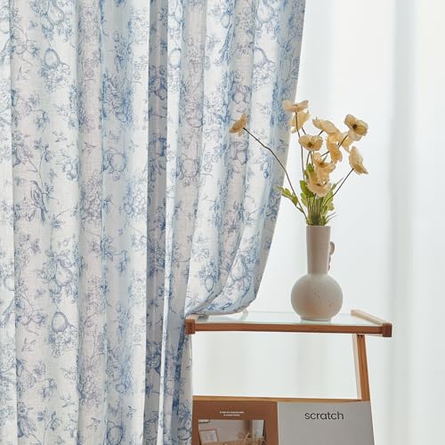 Vangao Linen Floral Curtains for Living Room 96 Inches Long Toile Blue Drapes French Country Back Tab Light Filtering Printed Farmhouse Bedroom Rod Pocket Window Treatments 2 Panels Set by Vangao - Image 9