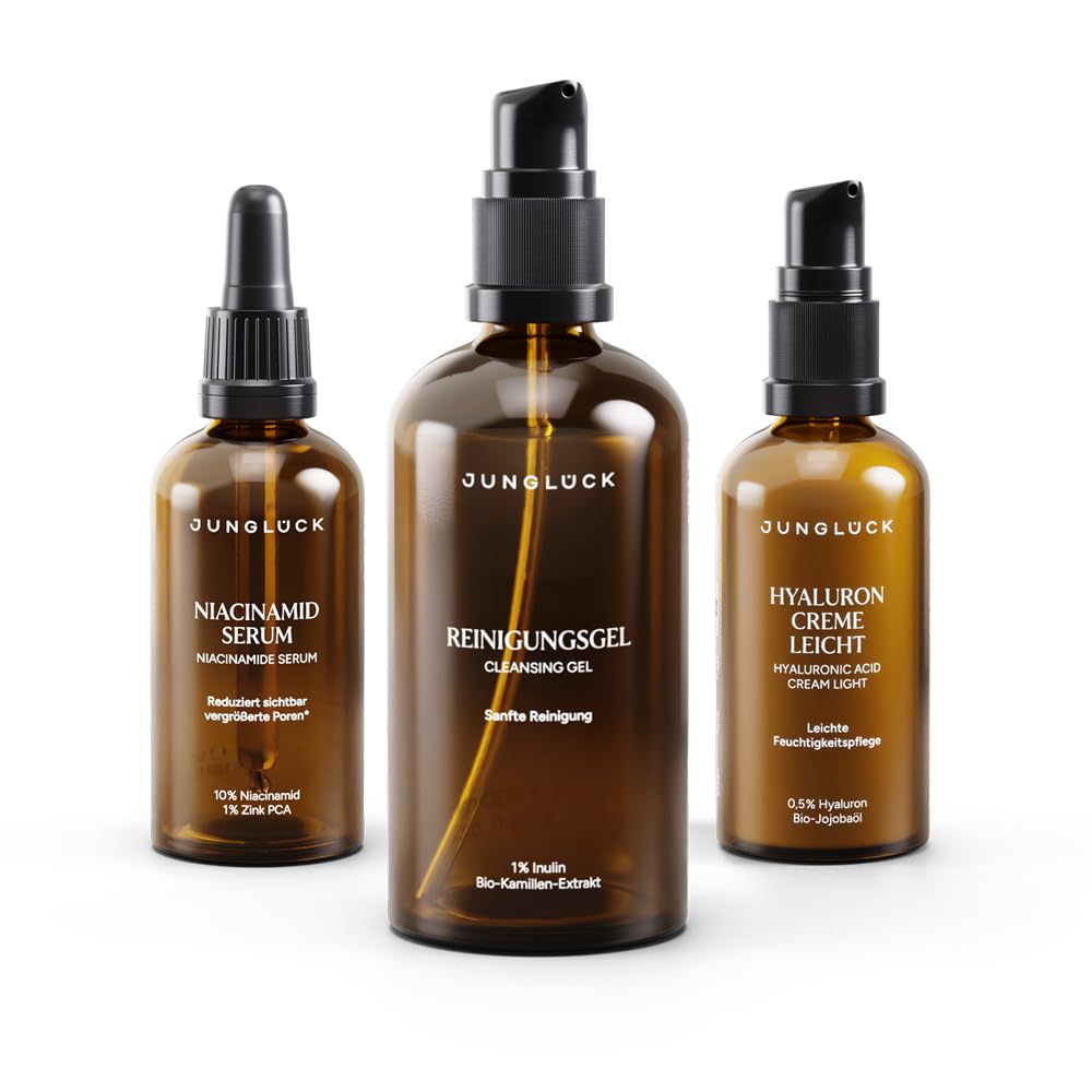 JUNGLÜCK Set Poren verfeinern | Reinigungsgel 100ml + Niacinamid Serum 30ml + Hyaluron Creme Leicht 50ml – mit 10% Niacinamid & Hyaluron