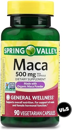 Spring Valley - Cápsulas de raíz de maca de 500 mg, raíz de maca orgánica para mujeres y hombres + adhesivo VLS.