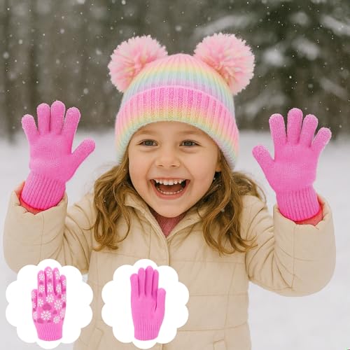 Little Girls Rainbow Beanie Hat and Glove Set Multicolor Knit Pompom Beanies for Winter Snow Ski Caps Age 3-83