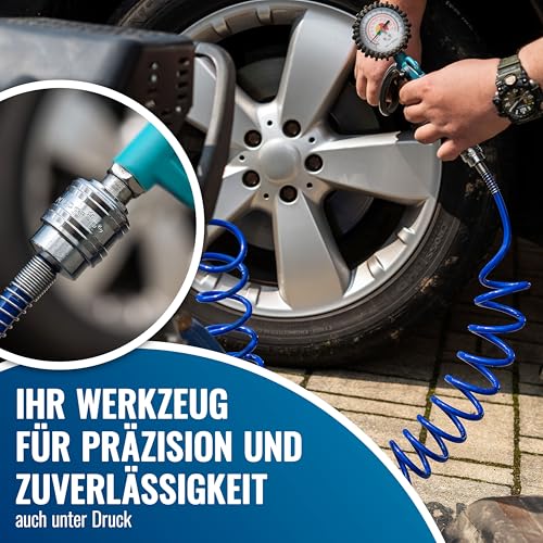 Poppstar Druckluftzubehör Set: Reifenfüller (0-16 bar, Schlauch: 340 mm), Druckluftspiralschlauch 5m, Ausblaspistole (12 bar)