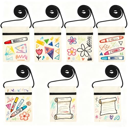 7 Pcs DIY Bolsas de Lona Bandolera, Bolsas de Algodón para Pintar, Set de Bolsos de Hombro Pequeños, Tote Bag Manual para Fiestas y Actividades Artísticas