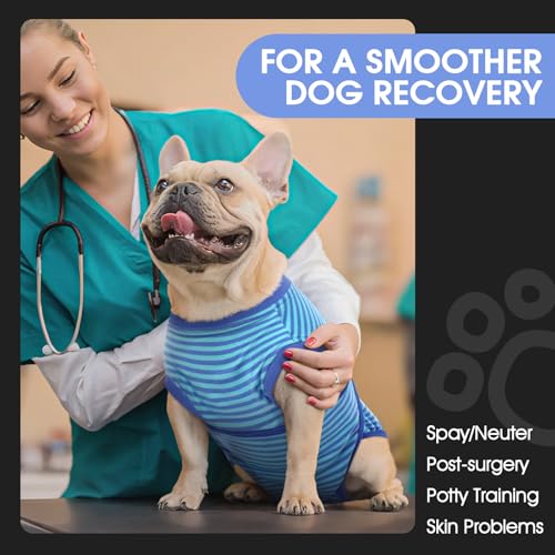 Image of FUAMEY Recovery Suit for Dogs After Surgery,Soft Breathable Dog Bodysuit E-Collar & Cone Alternative Surgical Suit,Male Female Dog Neuter Spay Suits Anti Licking Wounds Onesie Navy Blue Strips XXL