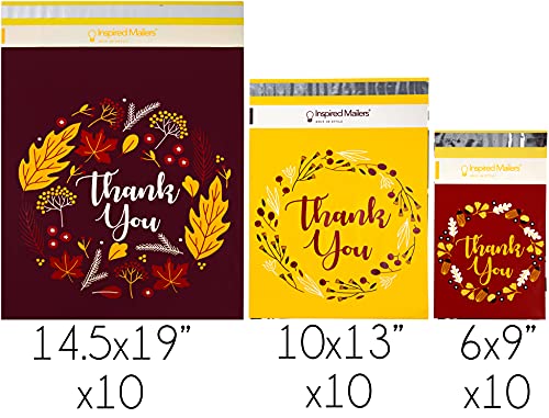 Image of Inspired Mailers - Poly Mailers Variety Pack of 30 (10 each: 6x9, 10x13, 14.5x19 Sizes) - Autumn Thank You Poly Mailers - Packaging Envelopes