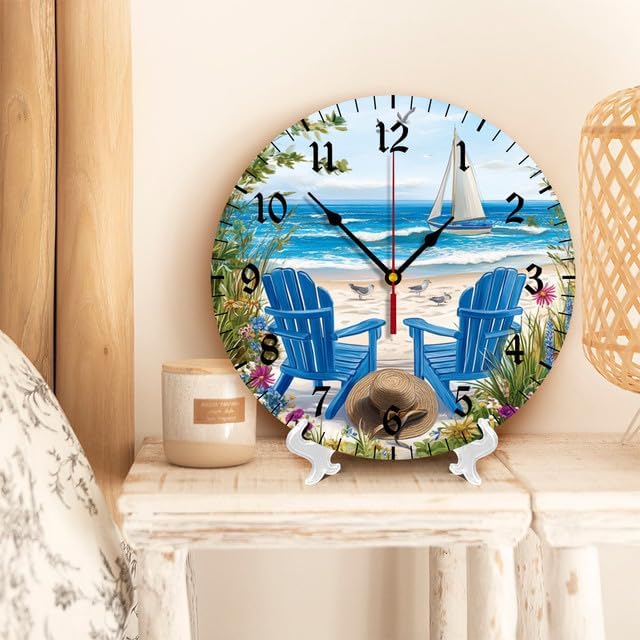 Wall Clock Silent Non-Ticking Kitchen Clock Beach Scene with Two Blue Chairs Desk Clock Battery Operated Quartz Analog Decorative Round Clocks 12 in Garden Home Decor