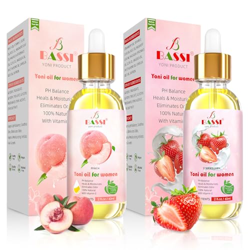 Image of Natural Yoni Oil for Women 4 Fl Oz (2 x 2 Fl Oz) - Peach Strawberry resh Feminine Care Oil - 2 PCS Vaginal Oil for Ingrown Hair with Vitamin E, Reduces Odor, Restores pH Balance and Wetness