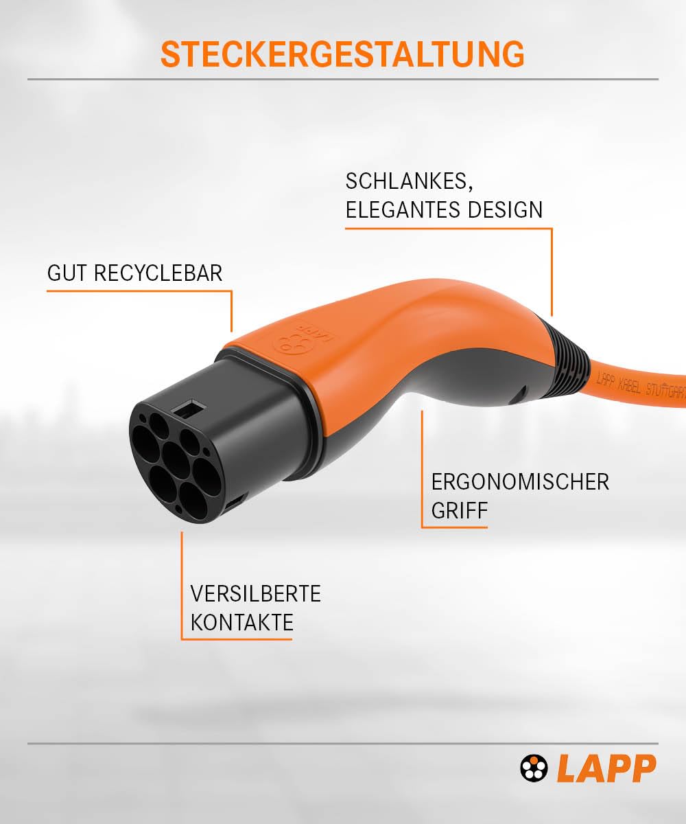 Lapp Mobility Typ 2 Ladekabel 11 KW, Orange, Buchse auf Stecker, Glatt, 20 A, 3-Phasig, E-Auto Ladekabel, Mode 3, 5m