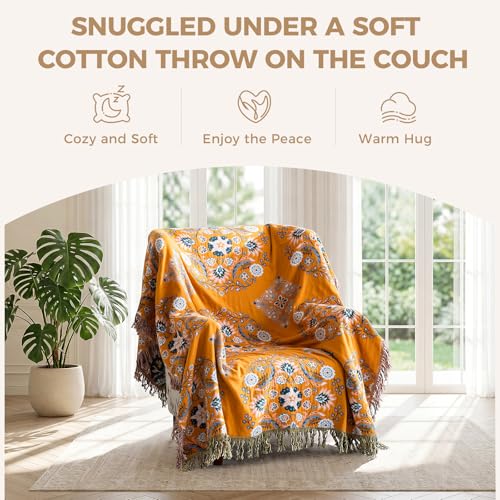 Image of LUTBM Boho Throw Blanket for Bed 60 inchx80 inch, 100% Cotton Yellow Couch Blankets