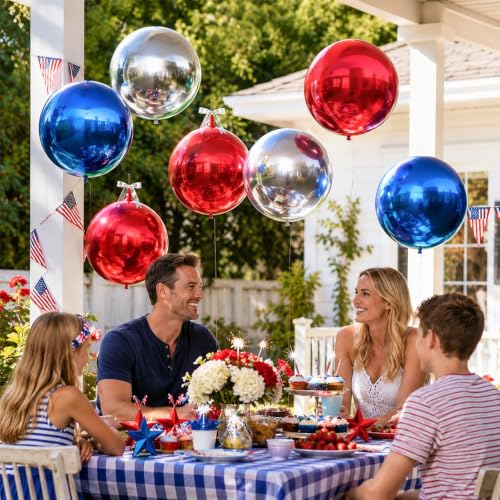 Image of 9 Pcs Red Blue Silver Round Foil Balloons Red Royal Navy Blue Metallic Silver Chrome 4D Ball Mylar Balloons for 4th of July Birthday Anniversary Patriotic American Flag Graduation Party Decor