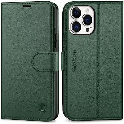 SHIELDON Case for iPhone 13 Pro Max 5G, Genuine Leather Wallet Flip Cover Kickstand RFID Blocking Credit Card Holder Magnetic Shockproof Case Compatible with iPhone 13 Pro Max (6.7") - Midnight Green