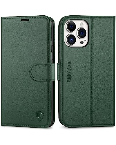 Shieldon Case For Iphone 13 Pro Max 5G, Genuine Leather Wallet Flip Cover Kickstand Rfid Blocking Credit Card Holder Magnetic Shockproof Case Compatible With Iphone 13 Pro Max (6.7") - Midnight Green #TOP23