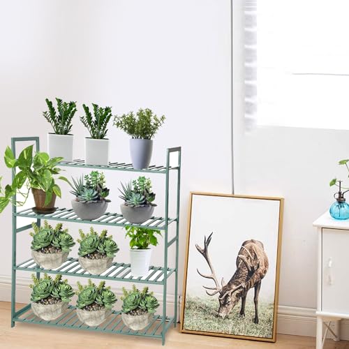 Image of Naayaab Craft Bamboo 4 Tier Plant Shelf Rack, Multi Functional Flower Pot Organizer, Plant Display Stand for Balcony, Living Room & Garden - (Green, 100 x 25 x 100cm)