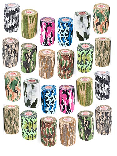 4 Inch Self Adhesive Medical Bandage Wrap Sport Tape (Camo Variety) (24 Pack) Strong Elastic Self Adherent Cohesive First Aid Sport Flex Rolls for Wrist Ankle Knee Sprains and Swelling