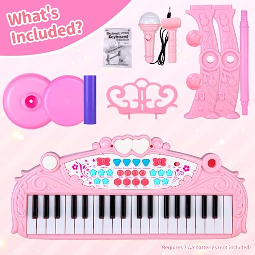 37 Key Kids Piano Keyboard Toy with Stool, Pink Toddler Piano Toy, Electronic Musical Instrument Keyboard Toys, Girls\' Birthday Gift for Ages 3-7