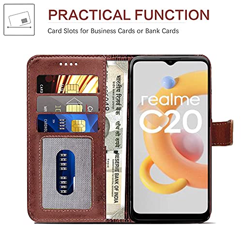 Image of SHOQU Premium Leather Vintage Flip Case Back Cover for Realme C20 / C11 (2021) [Inside Pockets] [Inbuilt Stand] [Magnetic Closure] - (Brown)