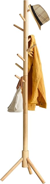 IBUYKE Wood Coat Rack Free Standing, Entryway Hall Tree Coat Tree, Adjustable Coat Tree with 8 Hooks, for Home or Office Clothes, Scarves, Handbags, Natural Color RF-1193