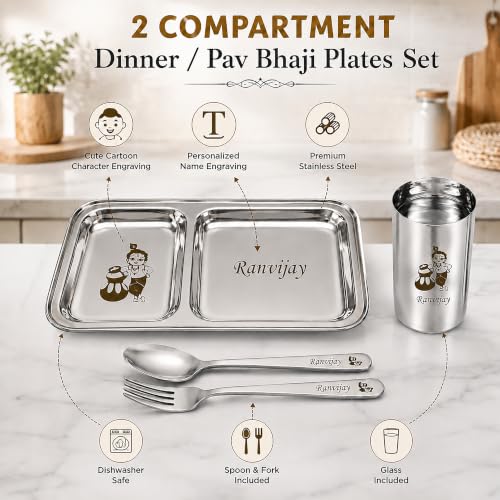 Image of SAVRI Personalized Stainless Steel Two-Compartment Dinner Plate Set - Customized Name & Cartoon Engraved - Partition Plate with Spoon & Fork - Custom Kids Plate for Kids, School, Mess & Return Gifts
