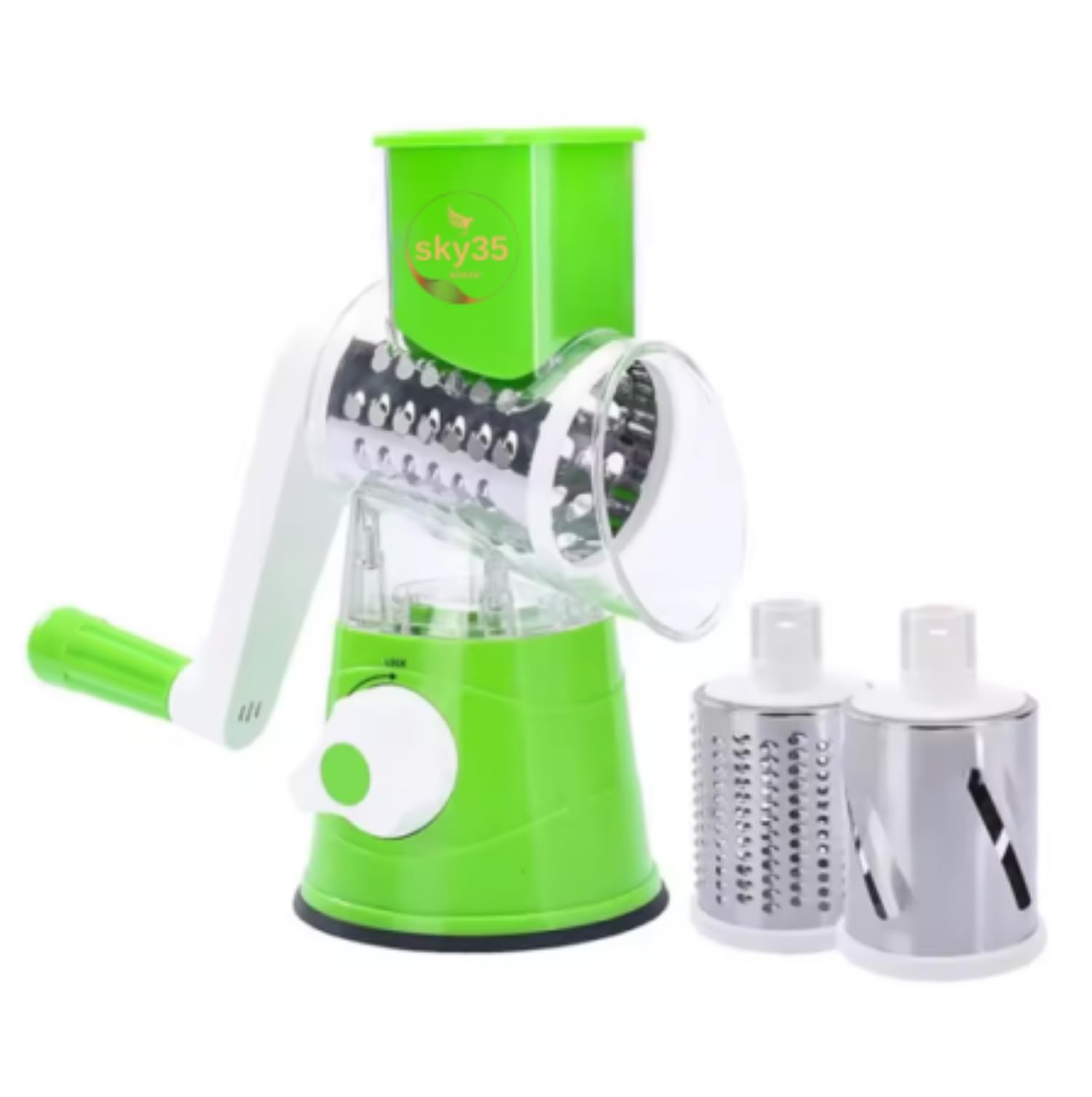 SKY35 Rotary Cheese Grater Shredder, Speed Round Mandoline Vegetable Slicer Safe Food Grinder with 3 Interchangeable Blades for Nuts, Potato, Carrot, Garlic, Walnut, (green)