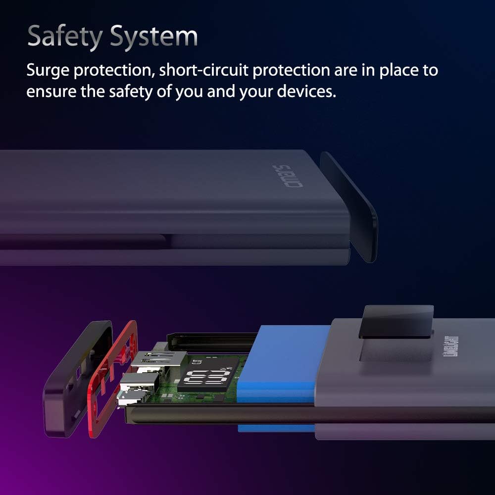 Diagram showing the internal safety features of the Omars Power Bank, including surge and short-circuit protection