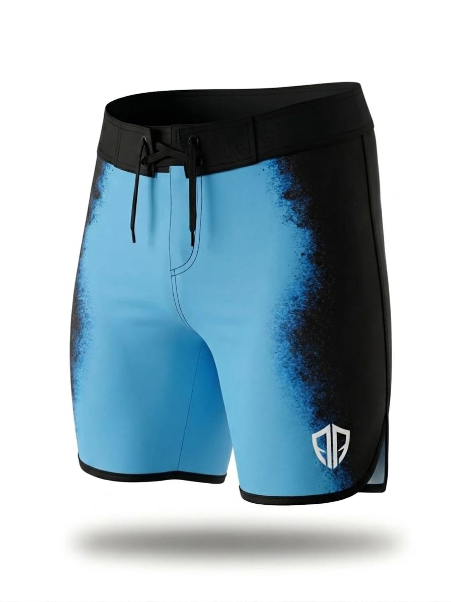 Men's Physique Board Shorts, Venom Blue, Polyester Elastane Blend, 4-Way Stretch, Competition Fit, Sublimation Print, Lace-Up Closure