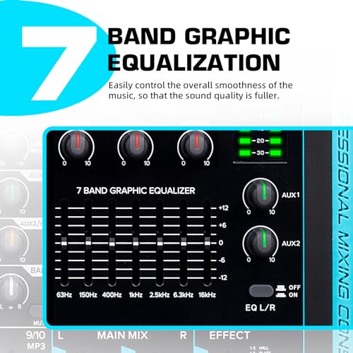 Audio Mixer Professioneller,10 Kanal Stereo Sound Mischpult mit 99 DSP-Reverb/7-Band-Gleichgewicht/USB-Anschluss,Eingang 48 V Phantomspeisung,Ein Klick stumm,für Aufnahme DJ Bühne Musik Anwendung